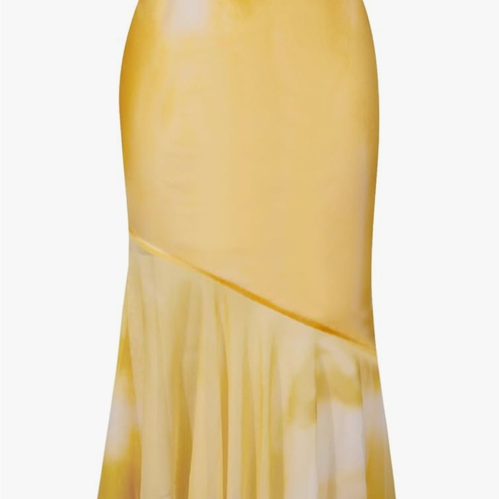 Yellow Tie Dye Mesh Asymmetrical Mermaid Fishtail Ruffle Midi Skirt - NWT